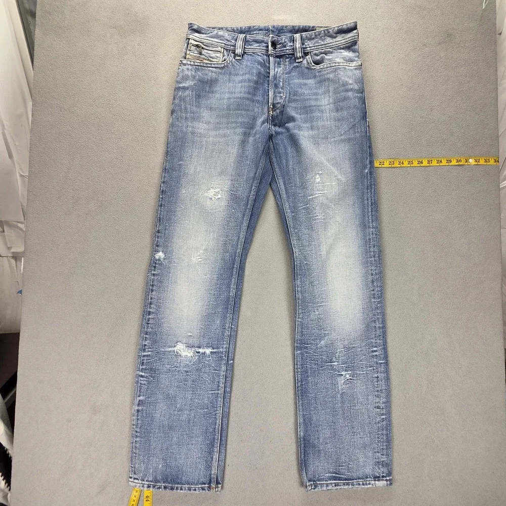 Diesel Jeans Mens 33x34 Blue Rayan Straight Distressed Button Fly Italy 0071J